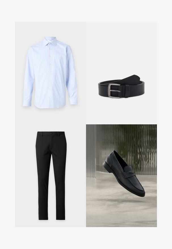 Camisa de manga larga a rayas azul claro y blanca con cuello clásico, cierre de botones en la parte delantera y puños, hecha de una tela suave.; Pantalones negros de corte ajustado con trabillas para cinturón y cierre de botón, mostrados sobre un fondo liso de color gris claro.; Zapato tipo mocasín de cuero negro con acabado liso, punta puntiaguda y detalles cosidos en la pala. Tacón bajo y diseño minimalista.; Cinturón de cuero negro con hebilla de metal plateado, que presenta un acabado liso y un diseño clásico. El cinturón está enrollado con el extremo apuntando.