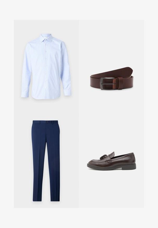 Camisa de manga larga a rayas azul claro y blanca con cuello clásico, cierre de botones en la parte delantera y puños, hecha de una tela suave.; Pantalones formales ajustados color marino, con un diseño de frente plano y textura suave. Incluyen un cierre de botón único y trabillas para el cinturón.; Mocasines de cuero marrón con puntera redondeada, un borlas decorativa, detalles de costura y un tacón bajo de goma para mayor comodidad.; Cinturón de cuero marrón con textura suave, que presenta una punta curvada y una hebilla metálica rectangular en un acabado oscuro.