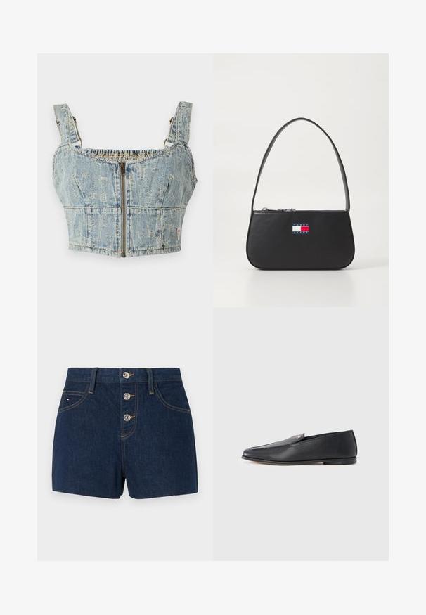 Denim crop top med en lyseblå vask, har lynlås lukning, smocket ryg og brede stropper. Detaljer omfatter syninger og let slid.; Mørkeblå denimshorts med høj talje, der har tre metalliske knapper, forlommer og kontrastfarvet gul syning.; Sorte læderloafers med en glat tekstur, rundet tå og subtile syningsdetaljer. Har en guldfarvet logoaccent på oversiden.; Sorte læderhandtaske med en buet form, kort hank og lynlåslukning. Har et multicolor logo patch på forsiden.