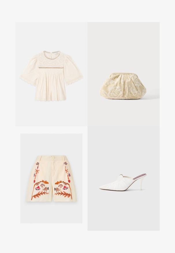 Blouse crème avec des manches larges, broderie complexe sur la poitrine, finition en dentelle festonnée sur les manches et l'ourlet, et tissu plissé sous la poitrine.; Shorts crème avec bouton devant, fermeture éclair, et motifs brodés symétriques floraux et champignons en orange, rose, bleu et marron.; Mules blanches à bout pointu, texture plissée sur le dessus, et talon stiletto fin. Surface lisse et design minimaliste.; Pochette en tissu couleur crème avec superposition de dentelle florale et fermeture supérieure froncée sur fond clair uni.