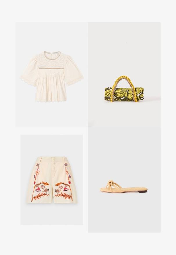 Blouse crème avec des manches larges, broderie complexe sur la poitrine, finition en dentelle festonnée sur les manches et l'ourlet, et tissu plissé sous la poitrine.; Shorts crème avec bouton devant, fermeture éclair, et motifs brodés symétriques floraux et champignons en orange, rose, bleu et marron.; Sandale plate tissée jaune avec deux brides entrecroisées, un détail noué à l'avant et une semelle basse marron.; Sac rectangulaire avec motif floral jaune et noir et anse tressée jaune et rose sur fond blanc.
