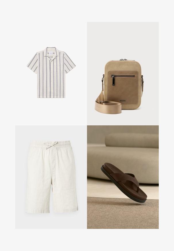 Chemise à manches courtes en tissu beige clair avec des rayures verticales bleu foncé, dotée d'un devant à boutons et d'une poche poitrine.; Shorts en lin beige clair avec une taille élastique et un cordon de serrage ajustable. Texture lisse, longueur au genou, sans motifs ni ornements.; Sandale claquette en cuir marron avec une semelle noire suspendue au-dessus d'un tapis beige dans un intérieur aux tons neutres.; Petit sac bandoulière beige avec poche avant zippée, logo métallique ALDO, sangle large ajustable et forme rectangulaire arrondie sur fond blanc.