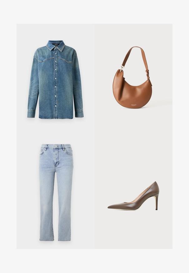 Blauwe denim overhemd met lange mouwen, drukknoopsluiting, puntige kraag en strass-details langs de schouderpas en kraagranden.; Lichtblauwe denim jeans met een rechte pijp, vijf zakken, een knoop- en ritssluiting en zichtbare stikseldetails.; Bruine leren pump met spits toelopende neus, slanke naaldhak en een gladde afwerking op een lichte achtergrond.; Bruine leren schoudertas in halvemaanvorm met verstelbare riem en kleine zilveren logotekst onderaan in het midden.