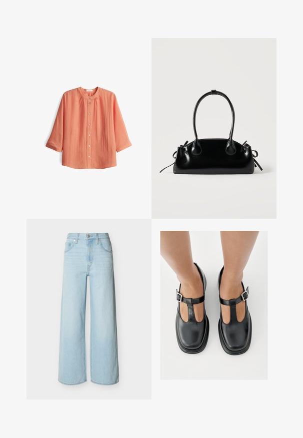 Koraal kleurige blouse met een ronde halslijn en driekwart mouwen. Gemaakt van een lichtgewicht stof met een gestructureerde afwerking en geplooide details.; Lichtblauwe jeans met wijde pijpen, voorop met knopen en ritssluiting, voorzien van riemlussen en het klassieke ontwerp met vijf zakken.; Zwarte leren schoenen met een T-bandontwerp, gesloten teensluiting en zilverkleurige gespdetails. Glad oppervlak met een ronde neus en platte zool.; Kleine zwarte glanzende handtas met twee lange hengsels en zijkant trekkoord details op een effen lichte achtergrond.