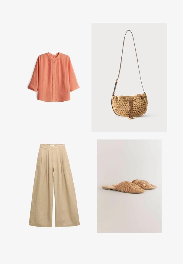 Koralle-farbenes Hemd mit Knopfleiste, rundem Halsausschnitt und Dreiviertelärmeln. Hergestellt aus leichtem Stoff mit strukturiertem Finish undraffiniertem Detail.; Beige Leinenhose mit hoher Taille und weitem Bein, mit Falten an der Taille und einem verdeckten Frontverschluss.; Geflochtene Ledersandalen in hellbraun, mit einem übergroßen geflochtenen Obermaterial und flachem Absatz. Die spitze Zehenpartie sorgt für einen eleganten Look.; Kleine hellbraune gewebte Schultertasche mit verstellbarem braunen Ledertragegurt und vorderem Lederbindedetail, hängend vor weißem Hintergrund.