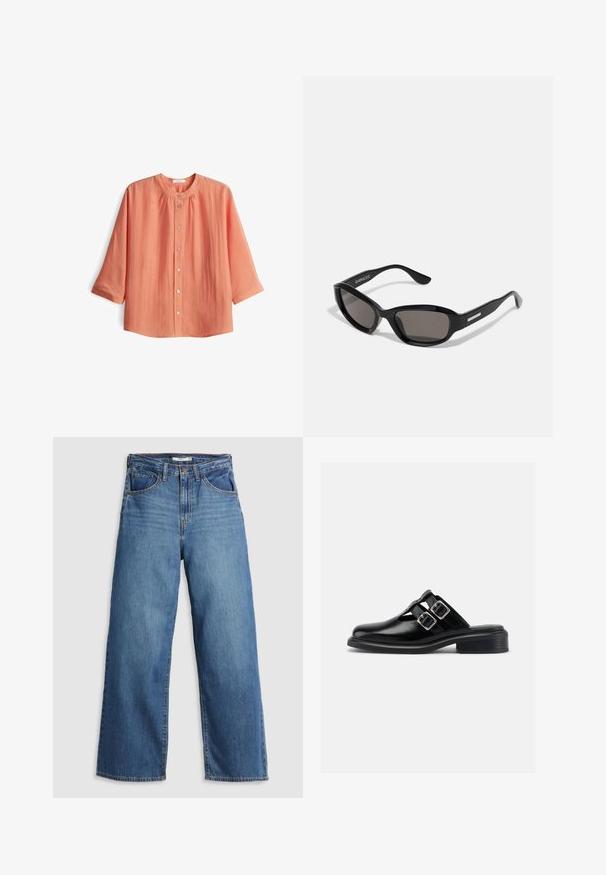 Koralle-farbenes Hemd mit Knopfleiste, rundem Halsausschnitt und Dreiviertelärmeln. Hergestellt aus leichtem Stoff mit strukturiertem Finish undraffiniertem Detail.; Blaue Denim-weite Jeans mit hohem Bund, ausgestattet mit fünf Taschen, kontrastierenden Nähten und einem Reißverschluss.; Schwarzer Slipper aus Leder mit zwei silbernen Schnallen, offenen Seiten, runder Zehenpartie und niedrigem, gestapeltem Absatz, im Profil vor weißem Hintergrund gezeigt.; Schwarze Sonnenbrille mit rechteckigem Rahmen, dunklen Gläsern, glattem Kunststoffmaterial und einem metallischen Akzent am Bügel.