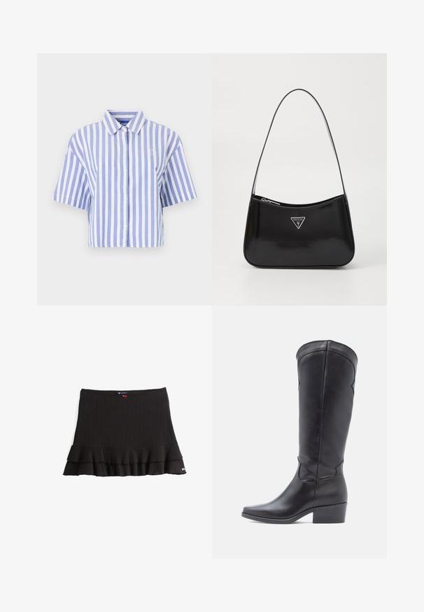 Chemise à manches courtes coupée, rayée verticalement en bleu clair et blanc, avec devant boutonné, col classique, tissu doux et texturé.; Jupe en tricot noire avec texture côtelée, ourlet à volants et accent décoratif rouge à la taille. Présente une silhouette ajustée.; Bottes en cuir noir montant jusqu'au genou avec un bout carré et un petit talon bloc. Texture lisse et détails de coutures discrètes sur la tige.; Sac à épaule en cuir verni noir avec une forme incurvée, présentant un logo triangle en argent et une fermeture éclair. Texture lisse et bandoulière fine.