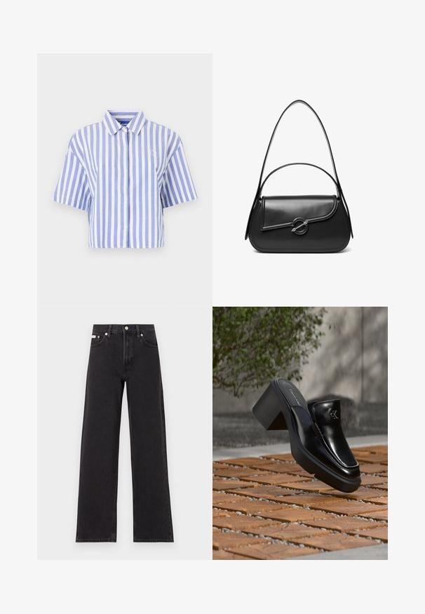 Chemise à manches courtes coupée, rayée verticalement en bleu clair et blanc, avec devant boutonné, col classique, tissu doux et texturé.; Jeans noirs à jambes larges en denim, avec une taille haute, une coupe à cinq poches et une fermeture à bouton en métal avec des coutures contrastantes.; Mule slip-on en cuir noir Calvin Klein avec talon bloc reposant sur des carreaux en bois à l'extérieur près d'une plante verte et d'un mur gris.; Sac à bandoulière en cuir noir avec un rabat incurvé fermé par un fermoir métallique rond et une sangle fine et ajustable.