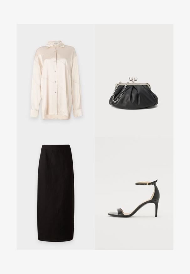 AERON ABIGAIL SHIRT - Hemdbluse - silver; Schwarzer Midi-Rock aus leichtem Stoff. Hat eine gerade Silhouette, eine glatte Textur und einen einfachen Bund ohne Verzierungen.; Schwarze Leder-high-heeled Sandale mit Knöchelriemen. Verfügt über eine glatte Textur, offene Zehen und einen dünnen Absatz. Goldfarbener Schnallenakzent.; Schwarze Leder-Clutch mit geraffter Textur, silberfarbener Metallrahmen, Druckverschluss und Kettenriemen. Glatte, weiche Oberfläche.