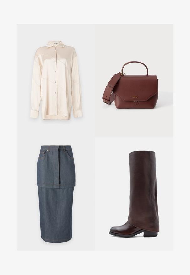 AERON ABIGAIL SHIRT - Blúzka so zapínaním na gombíky - silver; Džínová sukňa v tmavomodrom odtieni, s prednými vreckami, priliehavým pásom a dĺžkou po kolená, doplnená kontrastným prešívaním.; Tmavo hnedá kožená čižma po kolená s nízkym blokovým podpätkom a zaoblenou špičkou, zobrazená v bočnom profile na bielom pozadí.; Hnedá kožená kabelka s horným rúčkou, širokým nastaviteľným ramenným popruhom a zlatým logom Emporio Armani na prednom klape.