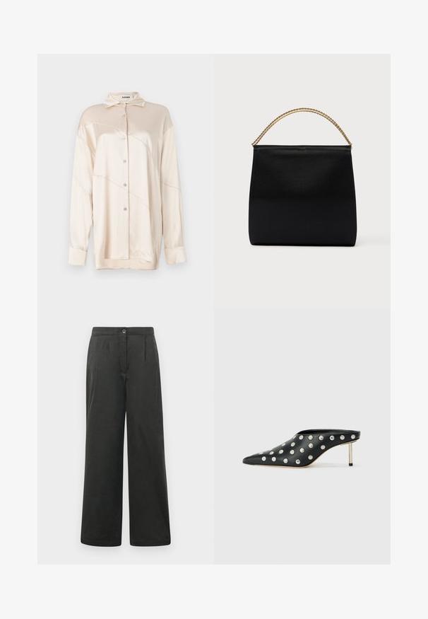 AERON ABIGAIL SHIRT - Overhemdblouse - silver; Zwarte brede broek met een gladde textuur, voorzien van voorplooien, een knoopsluiting en een elastische tailleband voor comfort.; STAND STUDIO KELSEY - Muiltjes met hak - black; Zwarte tas van gladde stof met een gestructureerde vorm, een handvat van gouden ketting en een minimalistisch geometrisch ontwerp.