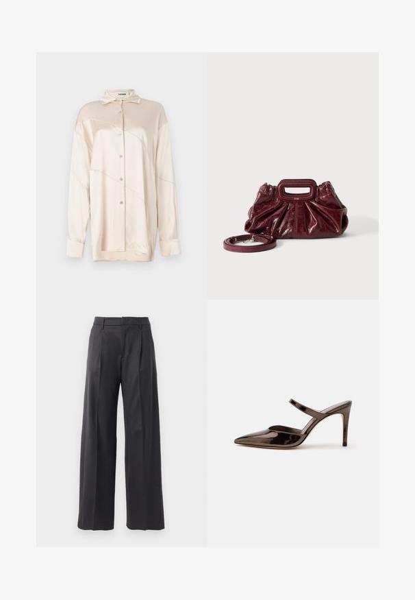 AERON ABIGAIL SHIRT - Hemdbluse - silver; Schwarze, weit geschnittene Hose mit Falten, aus einem glatten Stoff gefertigt. Verfügt über einen taillierten Bund und klare Linien, geeignet für formelle Anlässe.; Glänzender dunkelbrauner Mule mit spitzer Spitze und hohem Absatz mit schmalem Riemen über dem Spann vor weißem, einfachem Hintergrund.; Kleine dunkelrote Ledertasche mit geraffter Textur, rechteckigem Handgriff mit Ausschnitt und abnehmbarem Schulterriemen auf weißem Hintergrund.