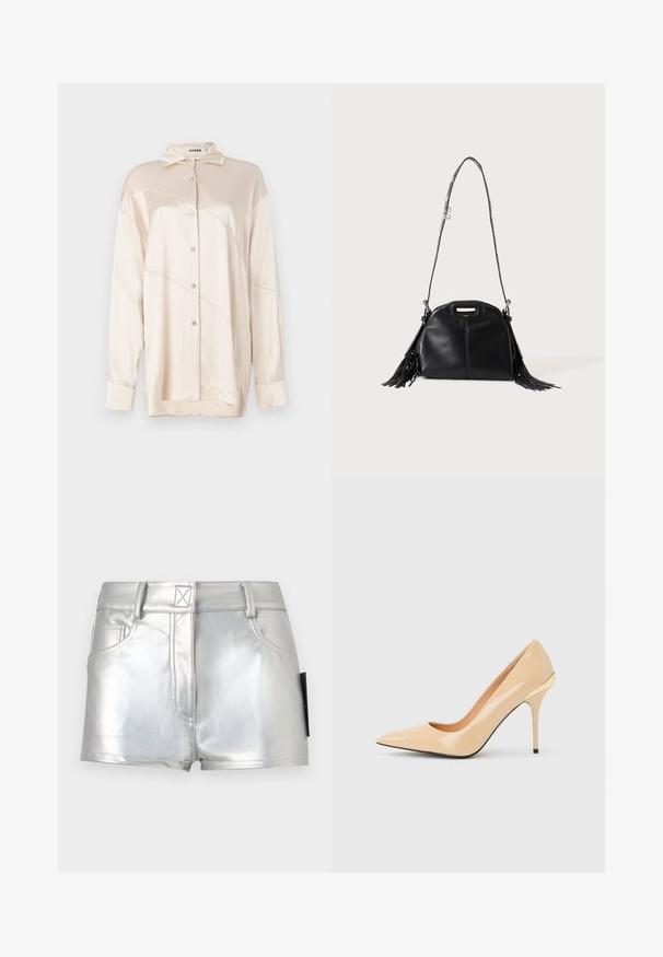 AERON ABIGAIL SHIRT - Blusa - silver; Pantalones cortos metálicos plateados de tiro alto con cierre frontal de botones, trabillas para cinturón y dos bolsillos delanteros sobre un fondo liso gris claro.; Zapato de salón de charol beige con tacón alto, puntera puntiaguda y tacón de aguja delgado, con un pequeño detalle dorado en la parte trasera.; Bolso de mano de cuero negro con larga correa para el hombro, pequeño asa superior y flecos en ambos lados, mostrado sobre un fondo liso.