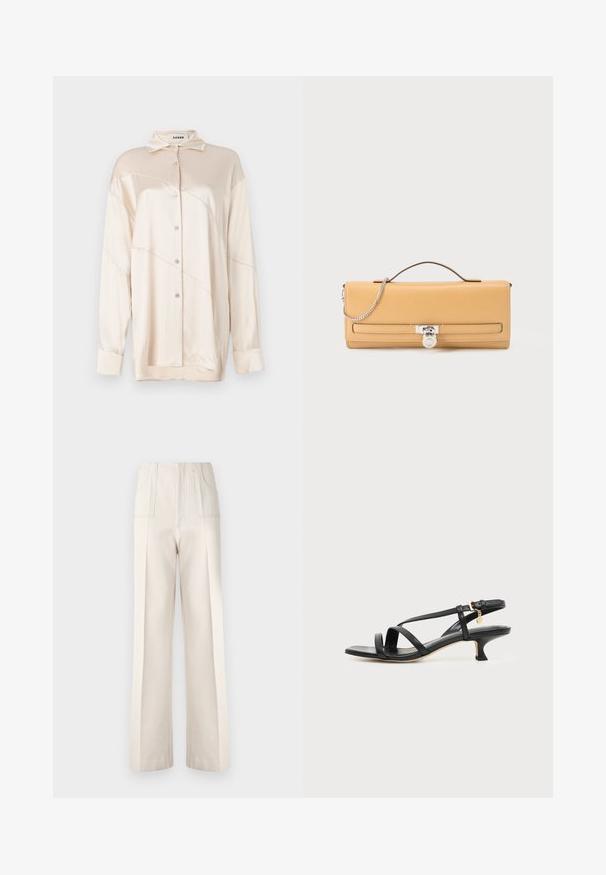 AERON ABIGAIL SHIRT - Blusa - silver; Pantalones de pierna ancha beige con una cintura alta, dos bolsillos frontales y detalles de costura visibles. Fabricados con un tejido ligero y suave.; Sandalia negra de cuero con tiras, tacón bajo de tipo kitten, hebilla en el tobillo y pequeño charm dorado sobre un fondo claro y liso.; Bolso de mano rectangular de cuero color tabaco con asa superior, detalle de cadena plateada y cierre de candado plateado en la solapa frontal.