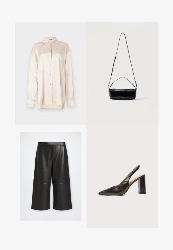 AERON ABIGAIL SHIRT - Blúzka so zapínaním na gombíky - silver; Čierne široké culottes z umelej kože s vysokým pásom, pútka na opasok, predný švový detail a dĺžka po lýtko na jednoduchom pozadí.; Čierna kožená slingback obuv s špicatou špičkou, vysokým hrubým podpätkom a béžovou vnútornou podšívkou na svetlom jednofarebnom pozadí.; Čierna obdĺžniková kožená crossbody taška s nastaviteľným popruhom, horným zipsom a malým zlatým logom Calvin Klein vpredu.