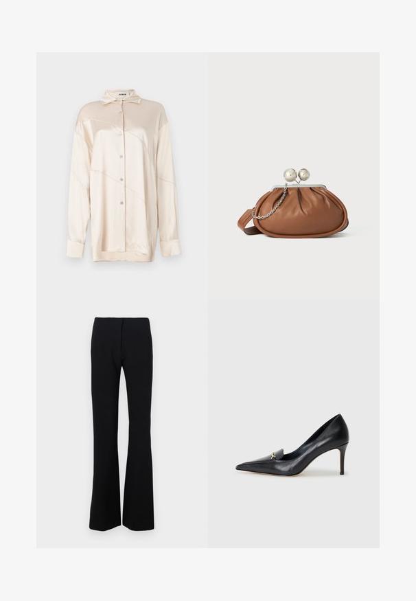 AERON ABIGAIL SHIRT - Blusa - silver; Pantalones de campana negros en tejido elástico con una textura suave y una cintura ajustada. Sin cierres ni estampados visibles.; Zapato de piel negra con punta afilada, escote bajo y un detalle decorativo dorado. Cuenta con un tacón de aguja y textura suave.; Bolso de mano de cuero marrón con cierre de bola plateada y un pequeño detalle de cadena plateada sobre un fondo blanco.