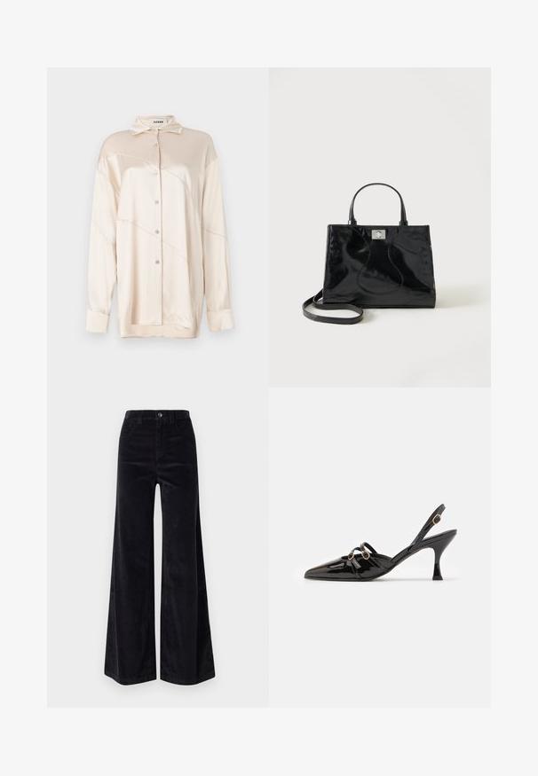 AERON ABIGAIL SHIRT - Overhemdblouse - silver; Zwarte corduroy wijde broek met een hoge taille, knoopsluiting en voorkwasten. Gladde textuur met een verticale ribbelstructuur.; ALOHAS JOELLE ONIX - Klassieke pumps - black; Zwarte handtas van lakleer met afgeronde handgrepen, een afneembare schouderriem en zilveren sluiting op een effen witte achtergrond.