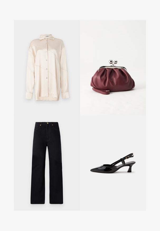 AERON ABIGAIL SHIRT - Overhemdblouse - silver; Zwarte denim broek met een rechte pasvorm, voorzien van een hoge taille, vijf zakken, gouden hardware en subtiele stikdetails.; Zwarte lakleren slingback kitten heel schoen met spitse neus en verstelbare gouden gespsluiting op een witte achtergrond.; Kleine bordeauxrode leren clutch-portemonnee met zilverkleurige metalen sluiting en polsbandje op een witte achtergrond.