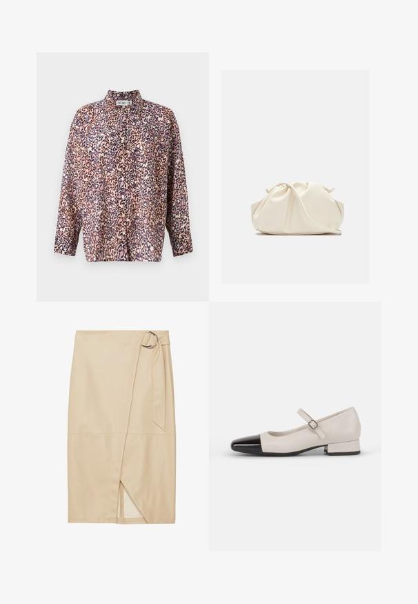 Tlačená blúzka so vzorom leopardíka v ružovej, hnedej a modrej farbe. Má golier, zapínanie na gombíky a dlhé rukávy s manžetami.; Zign STUDIO by Zalando Zavinovacia sukňa - off-white; Topánky v štýle Mary Jane z krémovej kože s čiernym lakovaným prstom. Majú okrúhlu špičku, členkový remienok so štvorcovou prackou a nízky blokový podpätok.; Mäkká krémová kožená kabelka typu clutch so zošitým, nariaseným dizajnom a tenkým ramenným popruhom, ktorý je položený vpredu na jednofarebnom pozadí.