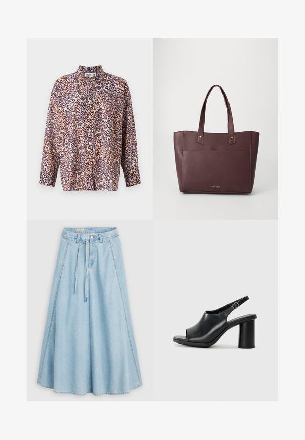 Bedruckte Bluse mit einem Leopardenmuster in Pink, Braun und Blau. Sie hat einen Kragen, eine Knopfleiste und lange Ärmel mit geknöpften Manschetten.; Hellblauer Jeansrock mit ausgestelltem Schnitt, verstellbarem Taillenband mit Kordelzug und seitlichen Taschen. Mit kontrastierenden Nähten und einer Knopfleiste.; Schwarze Leder-Sandale mit offenen Zehen, Slingback und einer runden Silhouette sowie einem dickeren zylindrischen Absatz. Mit verstellbarem Knöchelriemen.; Bordeauxfarbene synthetische Tragetasche mit zwei Griffen, flachem Design, goldfarbenen Hardware-Elementen und einer Fronttasche. Logo befindet sich an der Unterseite.