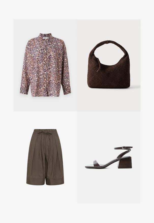 Bedruckte Bluse mit einem Leopardenmuster in Pink, Braun und Blau. Sie hat einen Kragen, eine Knopfleiste und lange Ärmel mit geknöpften Manschetten.; Braune locker sitzende Shorts mit elastischem Bund und vorne gebundenem Kordelzug, mit dezenten Bügelfalten und weiten Beinöffnungen.; Dunkelbraune Ledersandale mit Knöchelriemen, niedrigem Blockabsatz und offener Spitze, seitlich auf weißem Hintergrund dargestellt.; Braune gewebte Handtasche mit rundem Griff, gefertigt aus strukturiertem Material. Verfügt über einen Reißverschluss und ein kleines Logo-Detail.