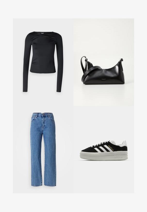 Top negro de manga larga hecho de una tela suave. Presenta un amplio escote redondo y un detalle retorcido en la parte frontal, con una silueta ajustada.; Jeans de pierna recta en azul claro, fabricados en denim, con una cintura alta, diseño de cinco bolsillos y costuras en contraste. Acabado limpio en el dobladillo.; Zapatillas negras de ante con detalles en cuero blanco, tres rayas blancas, cordones planos y una gruesa suela de plataforma gris. Marca "Gazelle" en dorado.; Bolso de mano de cuero negro con una textura suave. Cuenta con una correa ajustable y un diseño elegante y minimalista con cierre de cremallera.