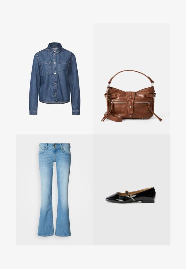 Denim takki, jossa on kauluksellinen kaula, kaksi rintataskua, nappikiinnitys ja pitkät hihat. Ominaisuuksina vaaleansininen väri ja hienovaraiset ompelutiedot.; Vaaleansiniset denimiin levenevät farkut korkealla vyötäröllä, joissa on klassinen napitus, viisi taskua ja haalistunut pesu, joka luo liukuväriefektin.; Musta lakattu tennari, jossa on terävä kärki, nilkkakahva kultaisella soljella ja matala lohkopohja. Lima, kiiltävä pinta.; Ruskea nahkainen käsilaukku pyöreällä muotoilulla, jossa on kaksi etupuolen vetoketjullista taskua ja irrotettava olkahihna. Varustettu hopeanvärisillä yksityiskohdilla ja ompelulla.