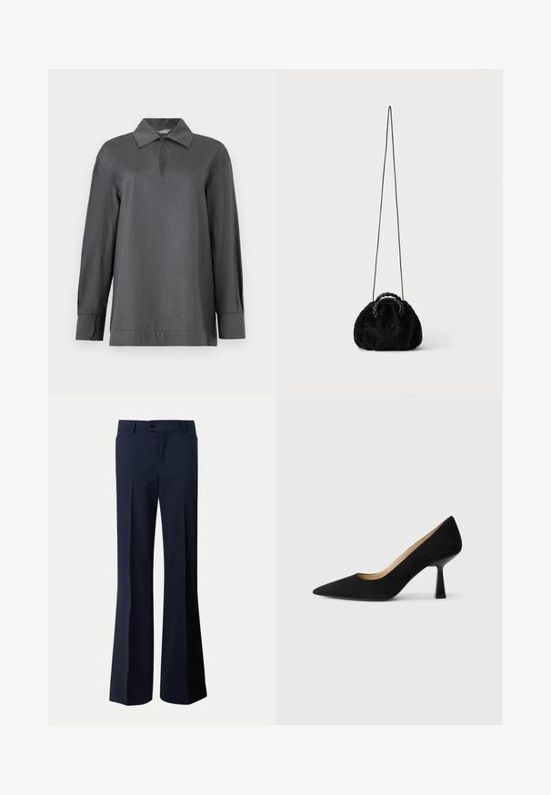 Chemise à manches longues gris foncé avec col, encolure en forme de goutte et larges poignets, présentée sur un fond blanc uni.; Pantalon de costume bleu marine avec fermeture par bouton, passants de ceinture et coupe droite à jambes larges.; Pompe à talons hauts en suède noir avec un bout pointu, dotée d'un talon bloc noir brillant et d'une doublure intérieure lisse.; Petit sac à main noir en fausse fourrure avec poignées tressées sur le dessus et longue bandoulière fine sur fond uni.