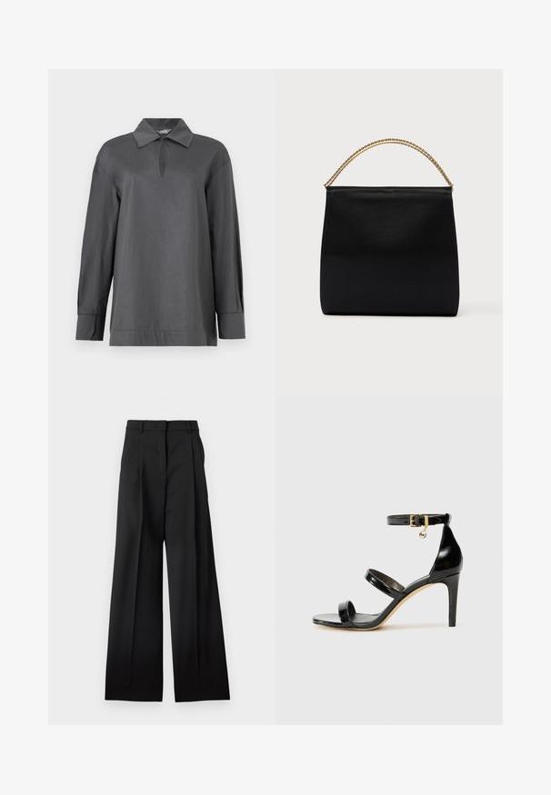 Chemise à manches longues gris foncé avec col, encolure en forme de goutte et larges poignets, présentée sur un fond blanc uni.; Pantalon noir sur mesure à coupe large, doté de plis sur le devant, passants pour ceinture et d'une texture de tissu lisse.; Sandale en cuir verni noir avec trois brides, boucle de cheville et talon aiguille de 10 cm. Présente un détail en métal doré et un charm logo.; Sac noir en tissu lisse, présentant une forme structurée, une poignée en chaîne dorée et un design géométrique minimaliste.