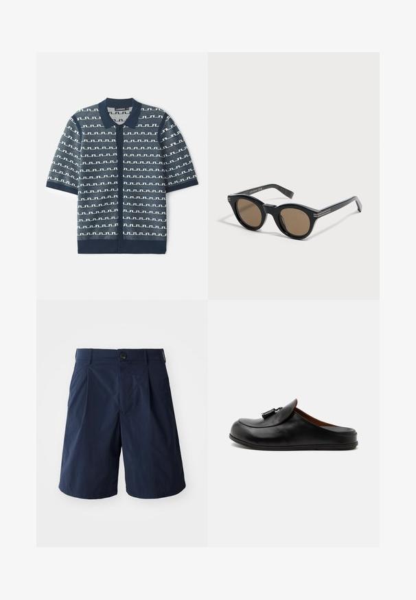Navy-blaues kurzärmliges Strick-Cardigan mit einem geometrischen weißen Muster, Knopfverschluss und klassischem Kragen. Strukturierter Stoff mit kontrastierenden Akzenten.; Marineblaue Shorts aus leichtem Stoff, mit einem Knopfverschluss, Seitentaschen und einem schlichten Design mit Falten an der Vorderseite.; Schwarzer lederner Slipper ohne Ferse mit Quasten oben, von der Seite auf hellem, einfarbigem Hintergrund dargestellt.; Schwarze runde Sonnenbrille mit dicken Rahmen und braunen Gläsern, leicht nach rechts geneigt auf einer weißen Oberfläche platziert.