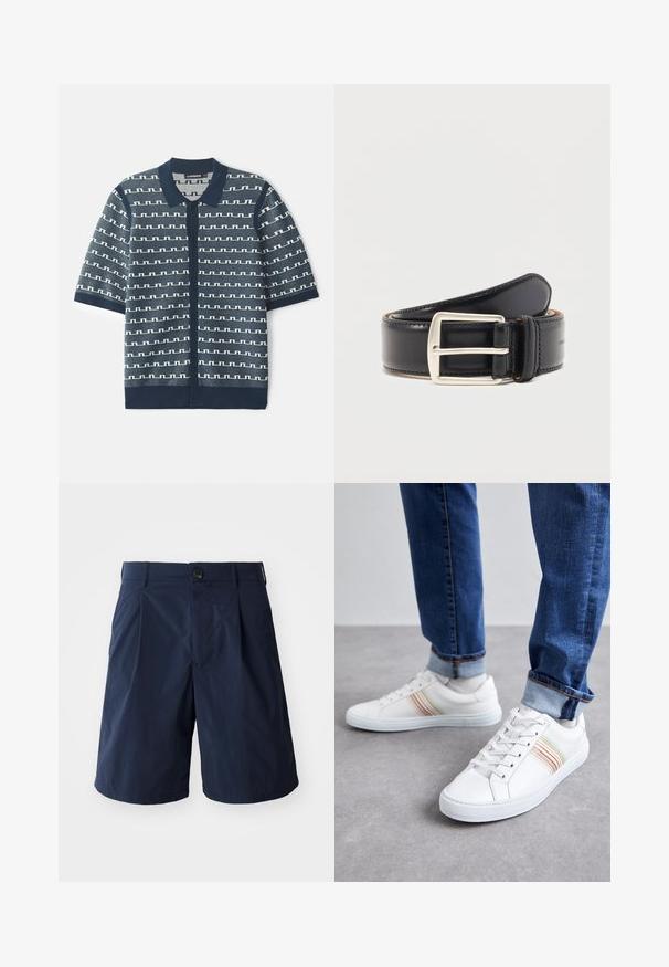 Navy-blaues kurzärmliges Strick-Cardigan mit einem geometrischen weißen Muster, Knopfverschluss und klassischem Kragen. Strukturierter Stoff mit kontrastierenden Akzenten.; Marineblaue Shorts aus leichtem Stoff, mit einem Knopfverschluss, Seitentaschen und einem schlichten Design mit Falten an der Vorderseite.; Weiße Leder-Sneaker mit mehrfarbigen Streifen, Schnürdesign, Gummisohle und gepolstertem Kragen, kombiniert mit blauen Jeans.; Schwarzer Ledergürtel, zusammengerollt mit einer silbernen rechteckigen Metallschnalle und sichtbaren Nähten entlang der Kanten.