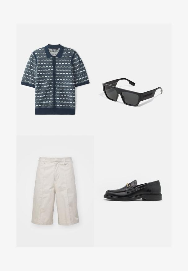 Navy-blaues kurzärmliges Strick-Cardigan mit einem geometrischen weißen Muster, Knopfverschluss und klassischem Kragen. Strukturierter Stoff mit kontrastierenden Akzenten.; Beige Baumwollshorts mit geradem Schnitt, knielang, ausgestattet mit zwei vorderen Taschen und subtilen Falten für zusätzliche Textur.; Schwarze Lederleter mit einer abgerundeten Zehenpartie, ausgestattet mit goldenen Hardwareakzenten und Stichdetails, auf einer niedrigen, strukturierten Gummisohle.; Schwarze Sonnenbrille mit rechteckiger Form, mattem Finish und grauen Gläsern. Mit eingeprägtem Logo an den Bügeln. Klassisches Design.