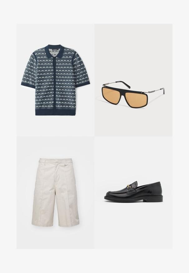 Marineblå kortærmet strikket cardigan med et geometrisk hvidt mønster, knaplukning og klassisk krave. Tekstiler med kontrasterende accenter.; Beige bomuldsshorts med lige snit, knælange, med to forlommer og subtile folder for ekstra tekstur.; Sorte læder loafers med en rund tå, der har guld hardware accent og syningsdetaljer, placeret på en lav, tekstureret gummisål.; Solbriller med sorte stel, rektangulære orangefarvede linser og tynde metalstel, der hviler på en hvid overflade.