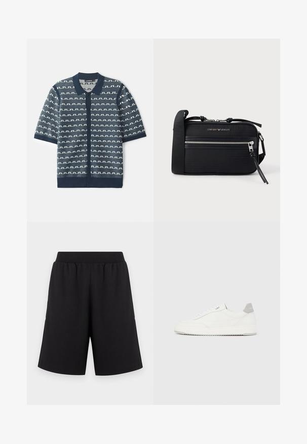 Cardigan tricot à manches courtes bleu marine avec un motif géométrique blanc, fermeture par boutons et col classique. Tissu texturé avec des accents contrastants.; Shorts noirs avec une taille élastique, fabriqués en tissu doux, présentant des jambes à coupe droite et sans motifs ni accents apparents.; Baskets basses blanches avec un onglet de talon gris, des lacets blancs et une semelle texturée, présentées sur un fond uni clair.; Sac bandoulière en nylon noir avec ferrures argentées, fermeture éclair supérieure, poche avant et logo embossé. Bretelle réglable incluse.
