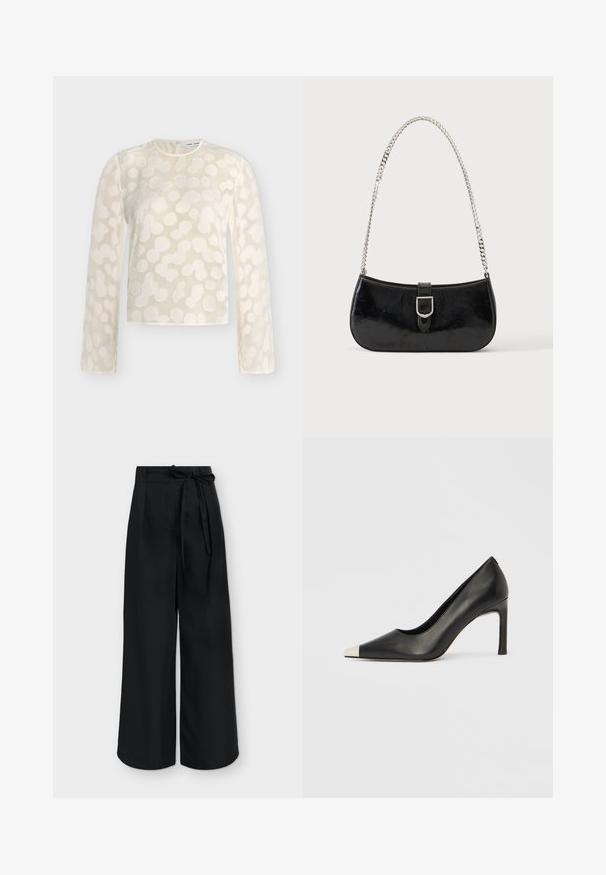 Blouse crème à manches longues avec motif de points abstraits en relief, col rond et fermeture à boutons dans le dos.; Pantalon noir taille haute à jambes larges avec une ceinture en tissu nouée en nœud à la taille, présenté sur un fond uni.; Chaussure à talon haut en cuir noir avec bout pointu et capuchon argenté métallique. Présente une finition lisse et un talon fin de 10 cm.; Sac à épaule en cuir verni noir avec détail de boucle argentée et bandoulière en chaîne argentée, présenté sur un fond uni clair.