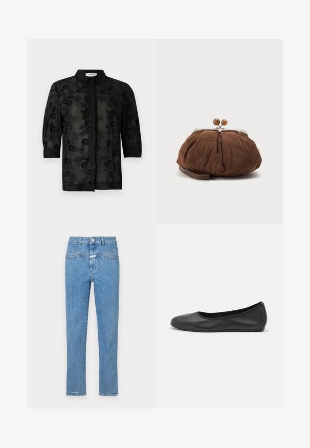 Chemise noire avec broderies florales, manches longues et col. Tissu transparent avec une finition texturée et des détails complexes.; Jeans en denim bleu clair avec une coupe droite, cinq poches et une fermeture à bouton. Présente une texture légèrement délavée et un minimum de coutures.; Ballerines en cuir noir avec un bout rond, texture lisse, détails de couture minimalistes et design de semelle flexible.; Petit sac poignet en daim marron doux avec cadre en métal argenté et boules rondes marron de fermeture sur fond clair uni.