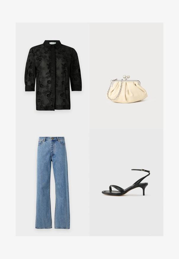 Chemise noire avec broderies florales, manches longues et col. Tissu transparent avec une finition texturée et des détails complexes.; Jean taille haute bleu clair, coupe droite, avec bouton avant, fermeture éclair et design à cinq poches sur fond blanc uni.; Sandale pour femme en cuir noir avec fines lanières, une boucle d'orteil, une boucle à la cheville et un talon aiguille de hauteur moyenne sur un fond neutre.; Pochette en cuir beige plissé avec un cadre en métal argenté, dotée de deux fermoirs ronds décoratifs et d'une chaîne en argent.