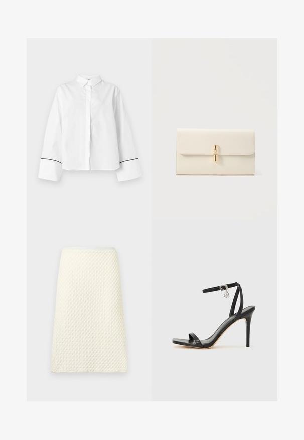 Chemise blanche à manches longues boutonnée, col pointu, larges poignets avec fine bordure noire près des extrémités, devant uni et coupe décontractée.; Jupe crayon en maille texturée crème avec une taille haute et un motif festonné subtil.; Sandale à talon haut noire avec une bride étroite à la cheville, bout carré, cuir lisse et accent de boucle métallique.; Pochette rectangulaire beige avec rabat pliant et fermoir barre verticale doré centré sur le devant.