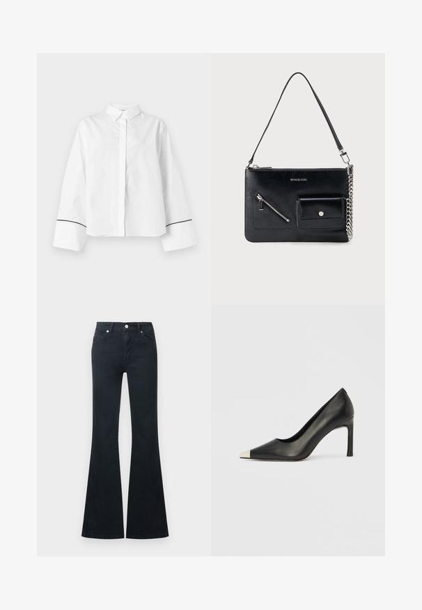 Chemise blanche à manches longues boutonnée, col pointu, larges poignets avec fine bordure noire près des extrémités, devant uni et coupe décontractée.; Jean en denim noir évasé avec une taille haute, cinq poches et une fermeture à bouton métallique. Texture lisse et détails de couture contrastés.; Chaussure à talon haut en cuir noir avec bout pointu et capuchon argenté métallique. Présente une finition lisse et un talon fin de 10 cm.; Sac à bandoulière en cuir noir Michael Kors avec fermeture éclair supérieure, poche avant zippée en diagonale, poche à rabat avec bouton-pression et détail en chaîne argentée.