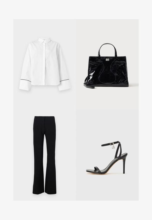 Chemise blanche à manches longues boutonnée, col pointu, larges poignets avec fine bordure noire près des extrémités, devant uni et coupe décontractée.; Pantalons noirs évasés en tissu extensible avec une texture lisse et une taille ajustée. Aucune fermeture visible ni motifs.; Sandale à talon haut noire avec une bride étroite à la cheville, bout carré, cuir lisse et accent de boucle métallique.; Sac à main en cuir noir brillant avec poignées courtes, bandoulière amovible et détails de couture discrètement courbés à l’avant.