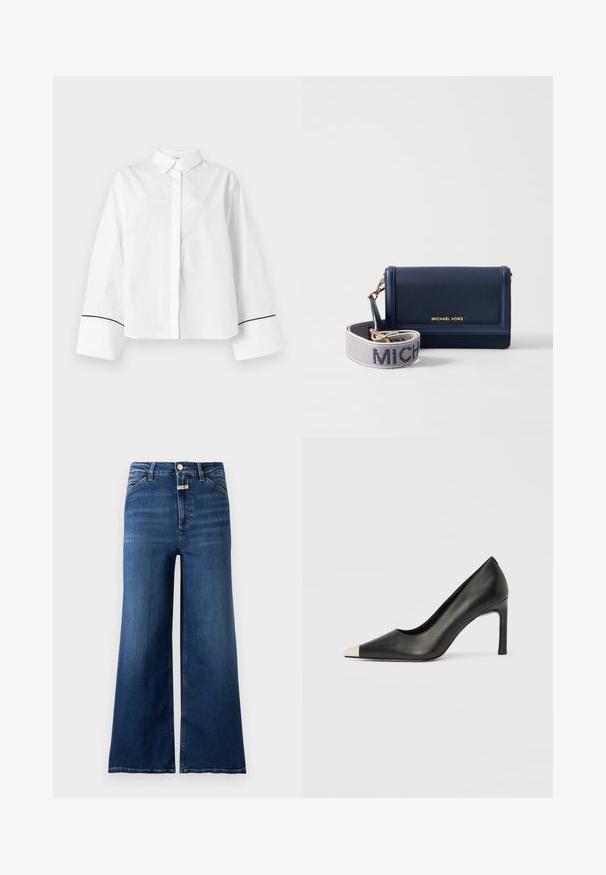 Chemise blanche à manches longues boutonnée, col pointu, larges poignets avec fine bordure noire près des extrémités, devant uni et coupe décontractée.; Jeans en denim bleu taille haute à jambes larges, avec poches avant, passants de ceinture, fermeture par boutons et braguette visible sur un fond uni.; Chaussure à talon haut en cuir noir avec bout pointu et capuchon argenté métallique. Présente une finition lisse et un talon fin de 10 cm.; Portefeuille en cuir navy avec un logo doré, doté d'une sangle détachable avec "MICHAEL" en texte blanc sur un fond texturé. Design compact.
