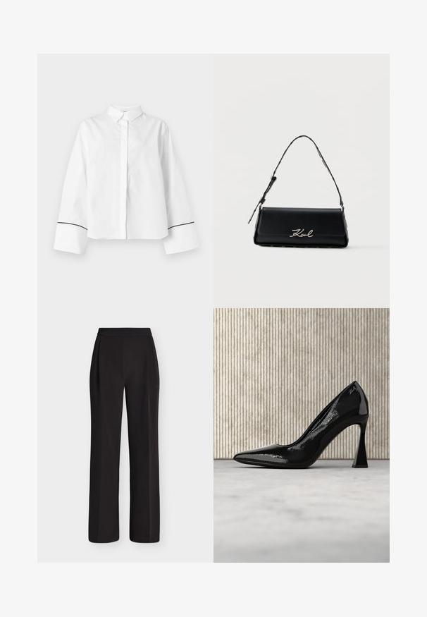 Chemise blanche à manches longues boutonnée, col pointu, larges poignets avec fine bordure noire près des extrémités, devant uni et coupe décontractée.; Pantalon noir à jambes larges avec taille haute et devant lisse, conçu pour une coupe décontractée et professionnelle.; Escarpin en cuir verni noir avec un bout pointu et un talon aiguille courbé et anguleux, suspendu au-dessus d'un sol lisse et de couleur claire.; Sac à épaule en cuir noir avec logo "Karl" argenté sur le rabat et bandoulière réglable avec clous argentés sur les côtés.