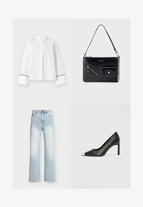 Chemise blanche à manches longues boutonnée, col pointu, larges poignets avec fine bordure noire près des extrémités, devant uni et coupe décontractée.; Jean droit taille haute bleu clair avec effet délavé sur les cuisses, fermeture devant par bouton et zip, et design classique à cinq poches.; Chaussure à talon haut en cuir noir avec bout pointu et capuchon argenté métallique. Présente une finition lisse et un talon fin de 10 cm.; Sac à bandoulière en cuir noir Michael Kors avec fermeture éclair supérieure, poche avant zippée en diagonale, poche à rabat avec bouton-pression et détail en chaîne argentée.