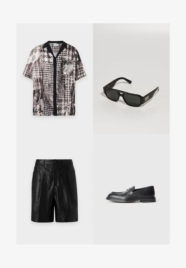 Chemise à manches courtes avec col noir, patte de boutonnage noire, poche avant et motif pied-de-poule abstrait noir et blanc.; Shorts en cuir noir à la coupe ajustée, dotés de deux poches avant, d'une fermeture à boutons et d'une texture lisse et brillante.; Mocassins en cuir noir avec une finition texturée, dotés d'une bride décorative à l'avant et d'un bout arrondi. Semelle en caoutchouc pour plus de durabilité.; Lunettes de soleil noires avec une forme rectangulaire, des verres foncés, une monture en plastique brillant et des accents métalliques sur les branches.