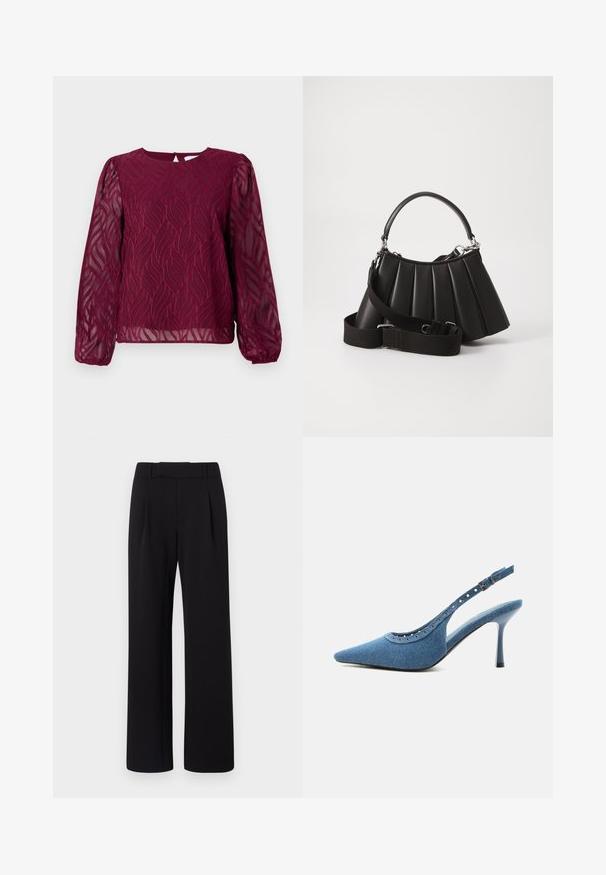 Blouse bordeaux à manches longues transparentes, ornée d'un motif de feuilles en broderie et d'un col rond avec une fermeture par un trou de clé au dos.; Pantalons larges noirs en tissu lisse ; dotés d'une taille avec passants de ceinture et de plis à l'avant ; design épuré et ajusté.; Chaussure à talon haut slingback en denim bleu à bout pointu avec détails œillets argentés et bride réglable à boucle.; Sac à main plissé noir avec une poignée arrondie, une bandoulière réglable et une texture brillante. Présente des accessoires en argent et une silhouette structurée.