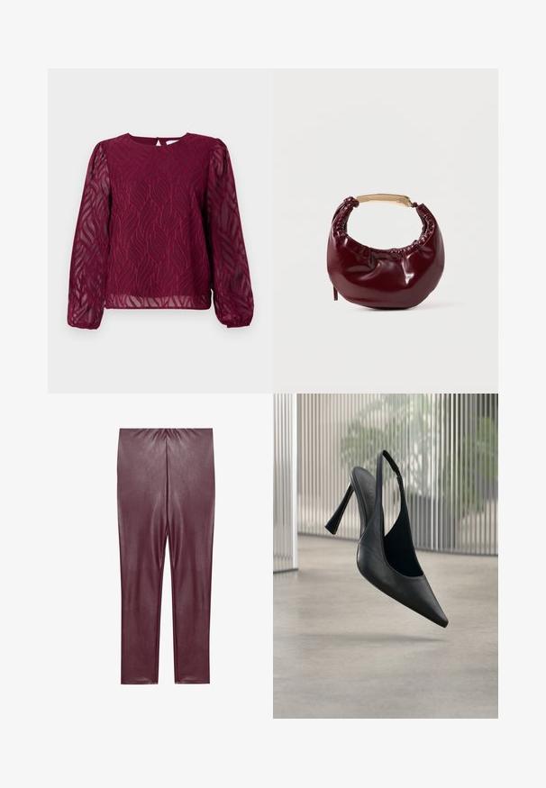 Blouse bordeaux à manches longues transparentes, ornée d'un motif de feuilles en broderie et d'un col rond avec une fermeture par un trou de clé au dos.; Leggings en simili cuir bordeaux avec une texture lisse, taille haute et design ajusté, descendant jusqu'aux chevilles sans détails supplémentaires.; Chaussure à talon aiguille en cuir noir avec bride arrière et bout pointu, flottant au-dessus d'un sol en béton lisse et d'un panneau métallique vertical en arrière-plan.; Sac à main en simili cuir bordeaux avec une forme arrondie, des détails froncés et une anse en métal doré. Texture lisse et finition brillante.