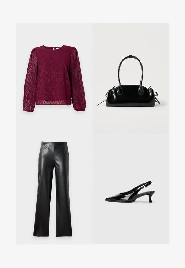 Blouse bordeaux à manches longues transparentes, ornée d'un motif de feuilles en broderie et d'un col rond avec une fermeture par un trou de clé au dos.; Pantalons larges en cuir noir avec une texture lisse, poches avant et fermeture éclair. Présente un design épuré et minimaliste.; Escarpins en cuir verni noir avec un bout pointu et un petit talon carré. Sangle réglable à la cheville avec boucle.; Petit sac à main noir brillant avec deux longues anses et des détails à cordon sur les côtés sur un fond clair uni.
