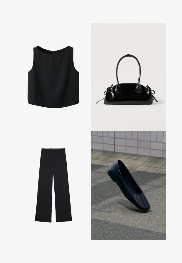 Haut noir sans manches avec un col rond et une texture de tissu lisse. Il possède une fermeture éclair discrète au dos et un ourlet droit.; Pantalon noir à jambes larges avec passants de ceinture, bouton frontal et fermeture éclair, étalé à plat sur un fond blanc.; Chaussure plate en cuir noir debout sur une surface asphaltée près du bord d'un trottoir carrelé.; Petit sac à main noir brillant avec deux longues anses et des détails à cordon sur les côtés sur un fond clair uni.