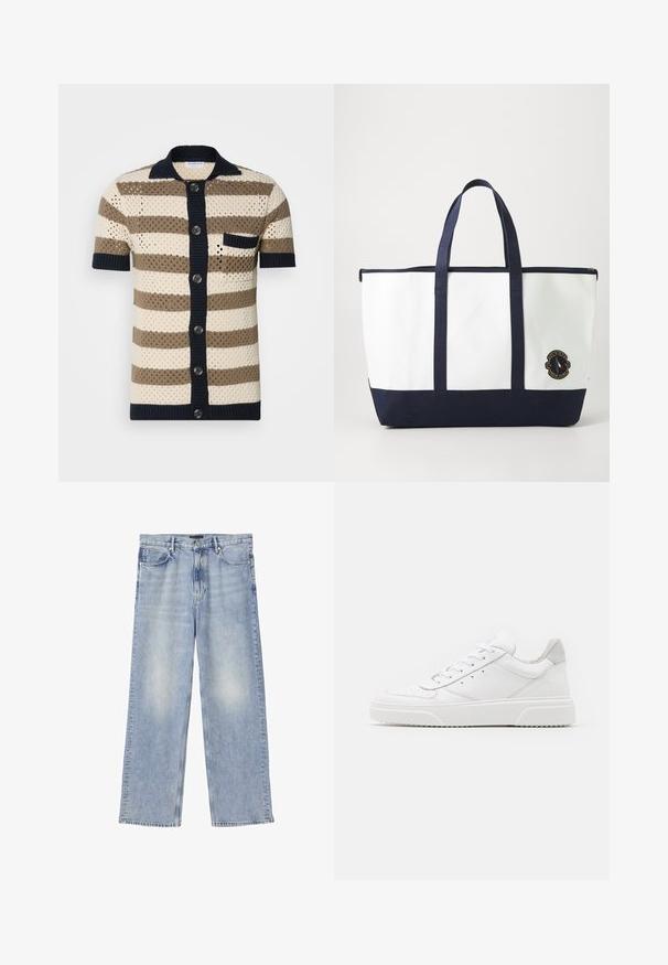 Kortærmet, knap-op strik cardigan i creme, brun og marineblå striber. Har et struktureret væv og en enkelt brystlomme.; Lyseblå straight-leg denimjeans med fem lommer, bæltestropper og knaplukning.; Hvide lædersneakers med en glat finish, rund tå, flade snørebånd og en struktureret sål. Grå ruskindsdetalje ved hælen.; Tote bag lavet af hvidt lærred med marineblå accenter. Har to robuste håndtag og et logo-patch på fronten. Firkantet form.