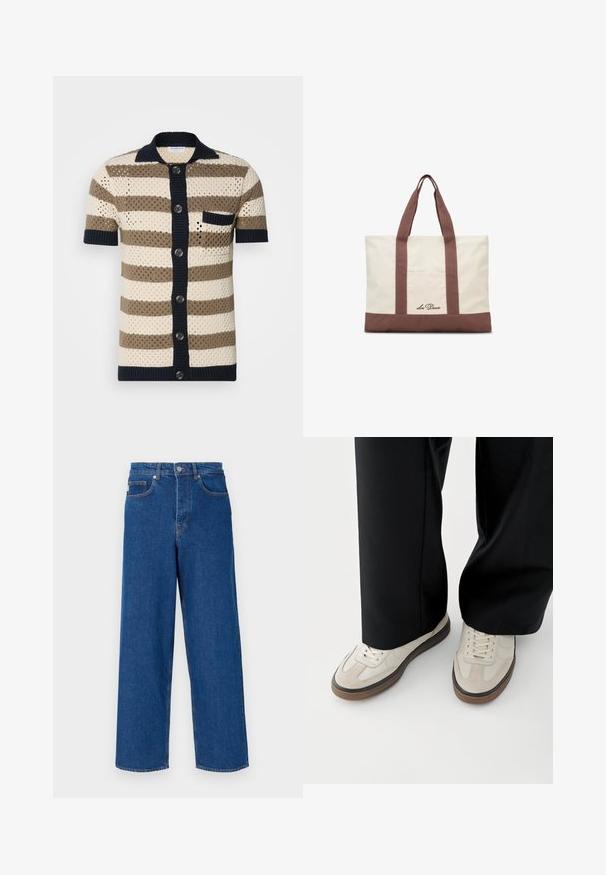 Kortærmet, knap-op strik cardigan i creme, brun og marineblå striber. Har et struktureret væv og en enkelt brystlomme.; Bredde ben blå jeans lavet af denim, med høj talje, fem-lomme design og kontrastsyninger langs sømene og lommerne.; Fødder iført beige sneakers med brune såler og sorte bukser med vide ben på hvid baggrund.; Beige og brun lærreds-tote taske med lange håndtag og frontlomme, med broderet "Los Deux"-logo på lommen.